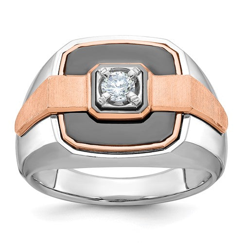 Solomon Jewelers men's polished and satin diamond ring with 14-karat white gold and black rhodium finish displayed on a white background.