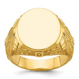 14k gold men's round signet ring with 18.5x15.75mm face, Solomon Jewelers jewelry, showcasing detailed craftsmanship.