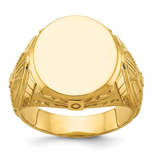 14k gold men's round signet ring with 18.5x15.75mm face, Solomon Jewelers jewelry, showcasing detailed craftsmanship.