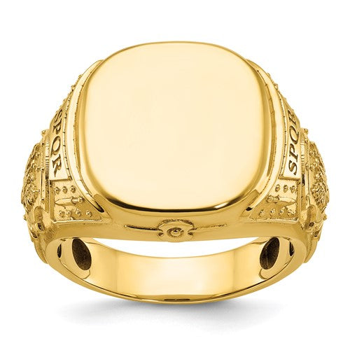 14k gold men's cushion signet ring with polished finish, measuring 16.5x14.8mm, from Solomon Jewelers.