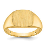 14k gold men's cushion signet ring with 12x12mm face from Solomon Jewelers, showcasing a polished, classic jewelry design.