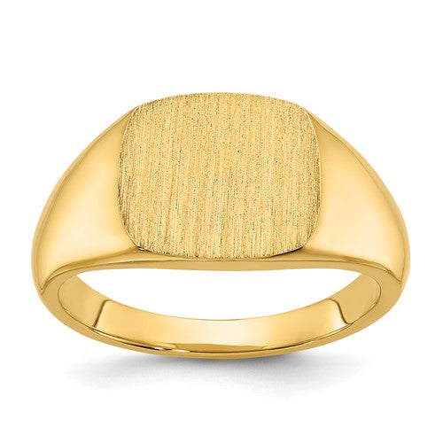 14k gold men's cushion signet ring with 12x12mm face from Solomon Jewelers, showcasing a polished, classic jewelry design.