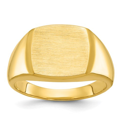 14k gold men's cushion signet ring with 14x14mm face, crafted by Solomon Jewelers, showcasing detailed design and polished finish.
