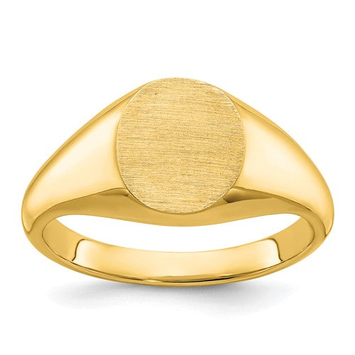 14k gold men's round signet ring with 12x10mm face, crafted by Solomon Jewelers, showcasing detailed design on a plain background.