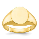 14k gold men's oval face signet ring with 14x12mm design, crafted by Solomon Jewelers, shown on a white background