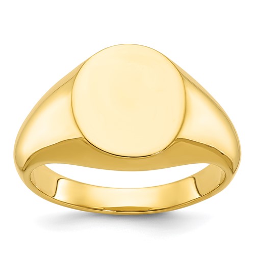 14k gold men's oval face signet ring with 14x12mm design, crafted by Solomon Jewelers, shown on a white background
