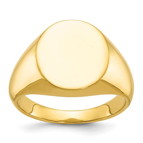 14k gold men's round signet ring with 16x14mm face, crafted by Solomon Jewelers, displayed on a white background.