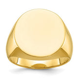 14k gold men's round signet ring with 20x18mm face, jewelry ring from Solomon Jewelers, showcasing a polished, classic design.