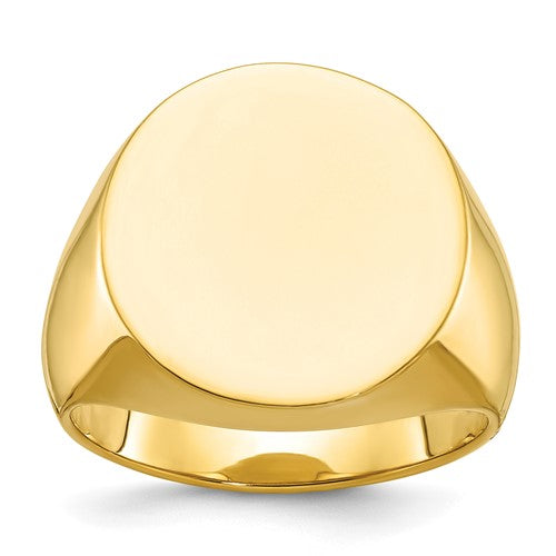14k gold men's round signet ring with 20x18mm face, jewelry ring from Solomon Jewelers, showcasing a polished, classic design.