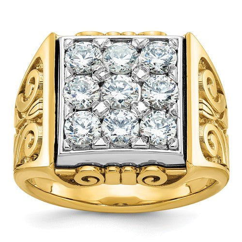 14k yellow gold men's textured scroll diamond cluster ring with intricate design, jewelry style from Solomon Jewelers