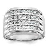 14k white gold men's polished and grooved four-row diamond ring with intricate design, perfect for elegant jewelry collection.