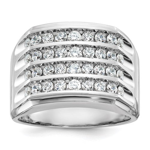 14k white gold men's polished and grooved four-row diamond ring with intricate design, perfect for elegant jewelry collection.