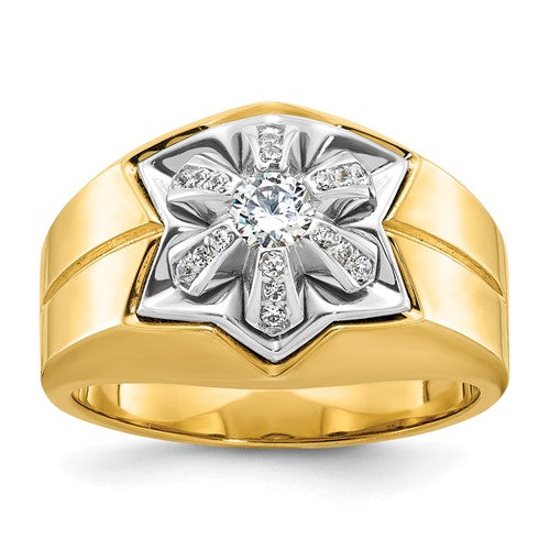 14k two-tone diamond star men's ring with polished and grooved design from Solomon Jewelers, showcasing detailed craftsmanship.