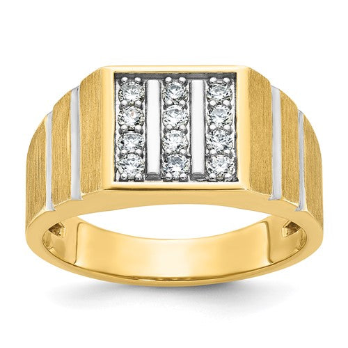14k white gold men's satin and grooved 3-row diamond ring by Solomon Jewelers, showcasing intricate design and sparkling diamonds.