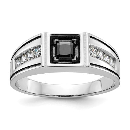 14k white gold ring with black and white diamonds featuring a Solomon Jewelers design and intricate gemstone details.