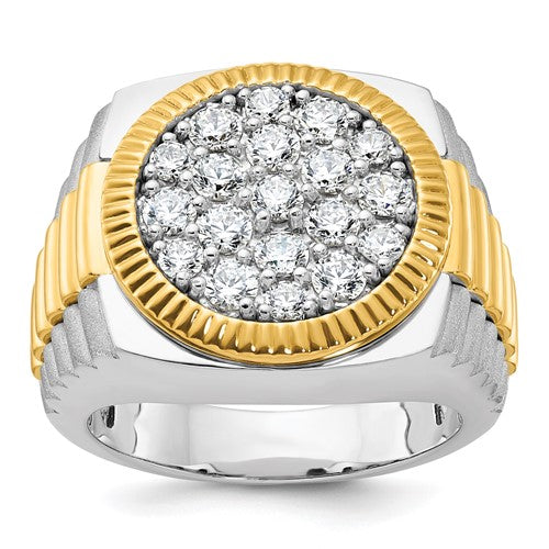14k white gold men's diamond cluster ring with polished, satin, and ribbed finishes, featuring round diamond accents.