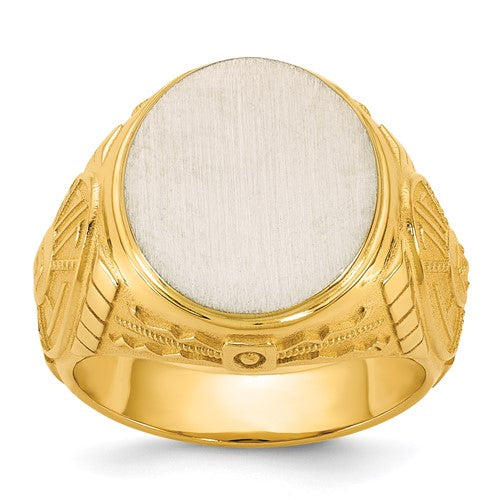 14k two-tone engravable round signet ring from Solomon Jewelers, showcasing polished gold finish and smooth engraved surface.