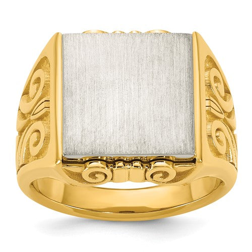 14k two-tone engravable square signet ring from Solomon Jewelers, showcasing polished gold and silver finish with smooth surface.