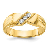 14k gold men's three-stone diamond ring with polished and grooved design, featuring three sparkling diamonds, from Solomon Jewelers.