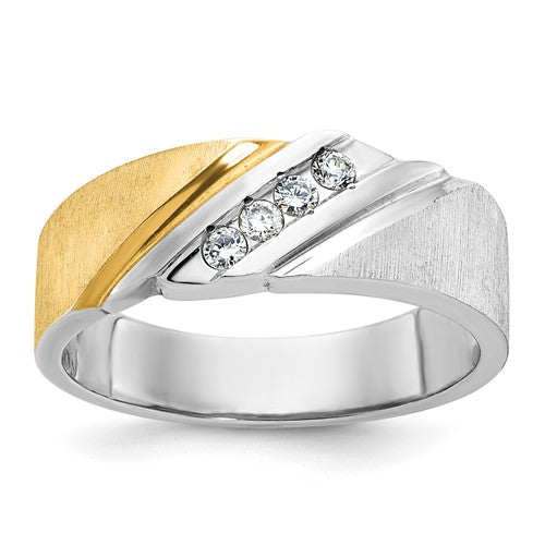 14k gold men's polished satin and grooved diamond ring with four stones, from Solomon Jewelers.