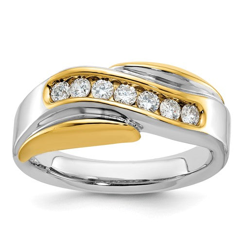 14k gold men's polished and grooved curved bypass diamond ring with intricate details, jewelry ring from Solomon Jewelers.
