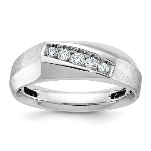 14k white gold men's diamond ring with polished and satin finish featuring five sparkling diamonds, from Solomon Jewelers.