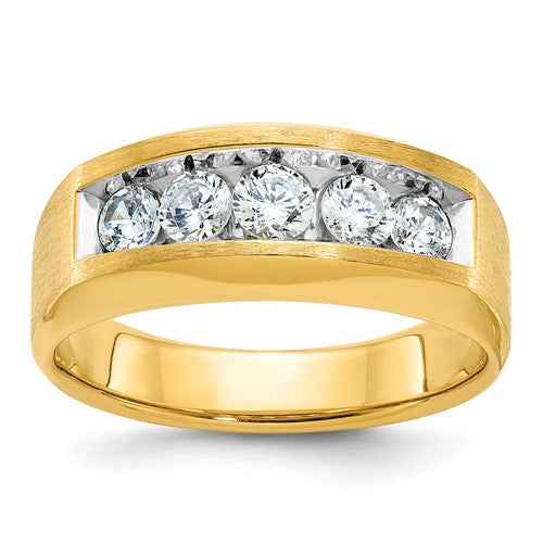14k gold men's diamond ring with polished and satin finish featuring five sparkling diamonds, crafted by Solomon Jewelers.
