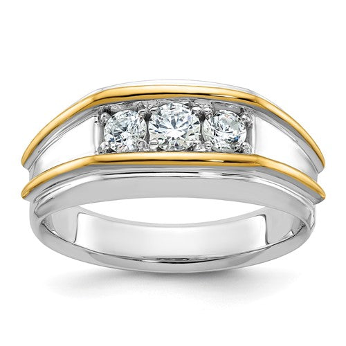 14k two-tone men's diamond ring with three polished stones, featuring a sleek design and fine craftsmanship.