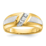 14k two-tone men's diamond ring with polished and satin finish featuring three sparkling diamonds, crafted by Solomon Jewelers.
