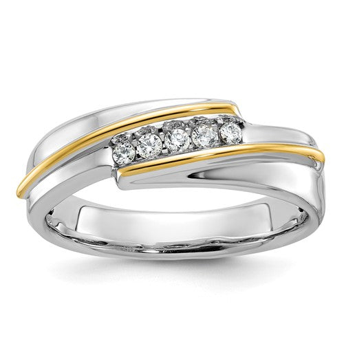14k two-tone men's diamond ring featuring five polished stones and AA-grade diamonds, crafted by Solomon Jewelers.