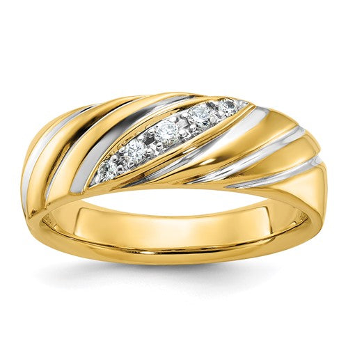 14k white gold men's polished and grooved diamond ring with AA quality, featuring a sleek design and intricate detailing.