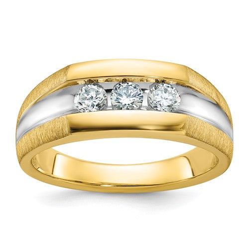 14k white gold men's 3-stone diamond ring featuring polished and satin finishes, crafted by Solomon Jewelers.