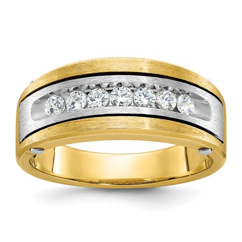 14k two-tone polished and grooved diamond men's ring from Solomon Jewelers, featuring satin finish and intricate design.
