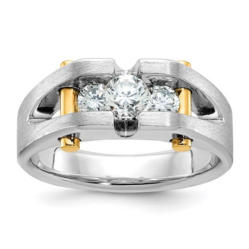 14k white gold men's diamond ring with polished satin finish and three-stone cut-out design by Solomon Jewelers.