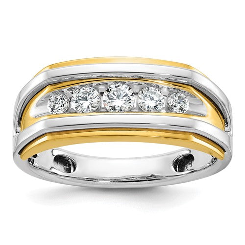 14k two-tone men's diamond ring with five polished stones, featuring a blend of gold and silver tones, by Solomon Jewelers