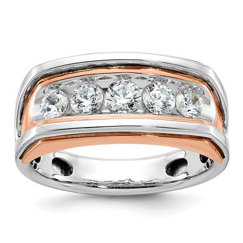 14k white and rose gold men's ring with five-cut-out diamond stones, featuring a polished design from Solomon Jewelers.