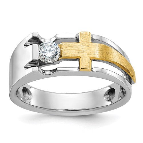 14k two-tone men's diamond cut-out cross ring with polished satin finish, featuring intricate design and craftsmanship.