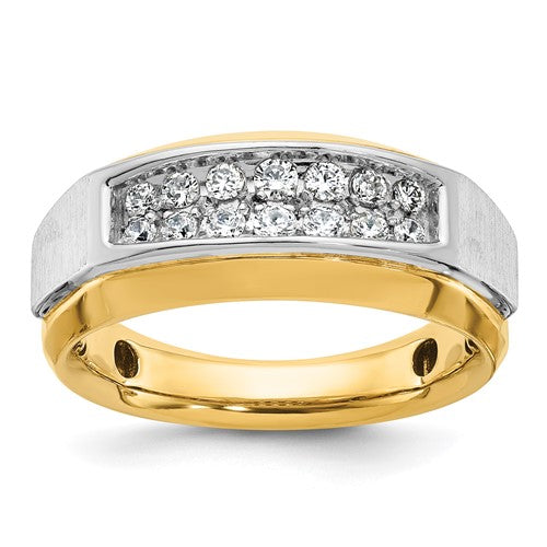 14k two-tone men's diamond ring with polished and satin finish, featuring a two-row design, from Solomon Jewelers.
