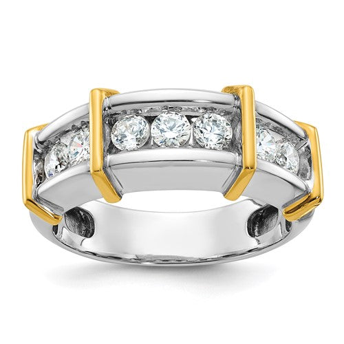 14k two-tone men's diamond ring featuring seven polished stones, crafted by Solomon Jewelers in elegant jewelry style