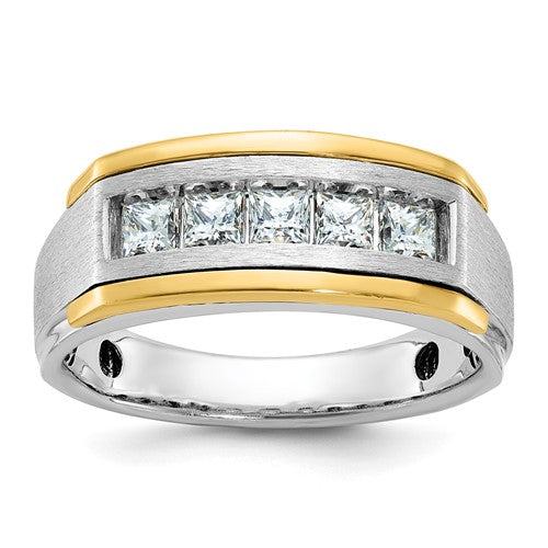 14k two-tone men's diamond ring with polished and satin finish featuring five sparkling stones, from Solomon Jewelers.