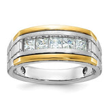 14k gold men's ring by Solomon Jewelers featuring polished, satin, grooved finish with five square diamond stones.