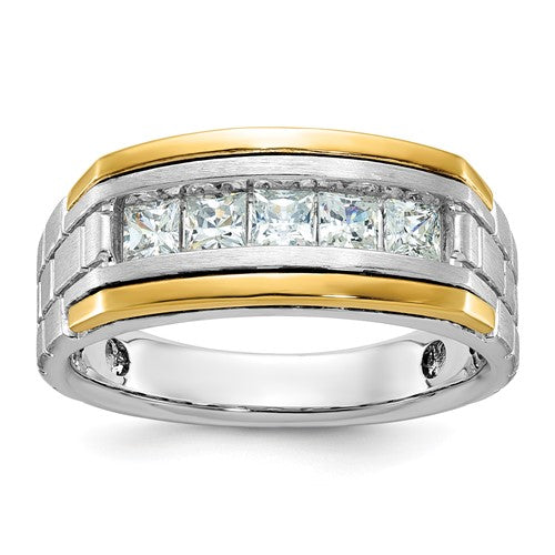 14k gold men's ring by Solomon Jewelers featuring polished, satin, grooved finish with five square diamond stones.