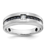 Men's polished black and white diamond ring with 14k white gold setting by Solomon Jewelers, showcasing a sleek and elegant design.