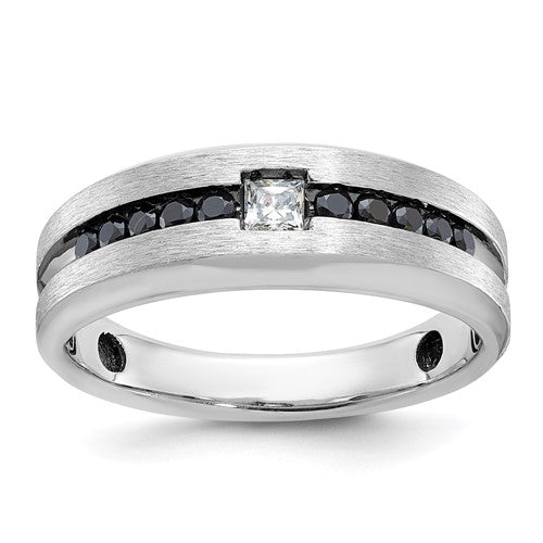 Men's polished black and white diamond ring with 14k white gold setting by Solomon Jewelers, showcasing a sleek and elegant design.