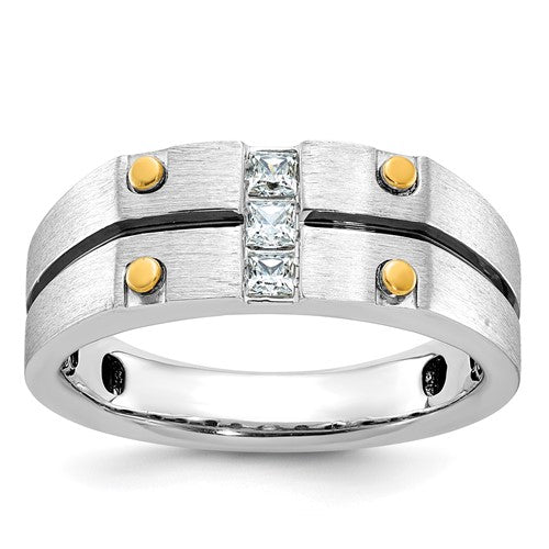 14k two-tone men's ring with black rhodium satin finish and diamond accents, crafted by Solomon Jewelers.