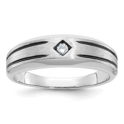 14k white gold men's ring with black rhodium satin finish and diamond accents, crafted by Solomon Jewelers.