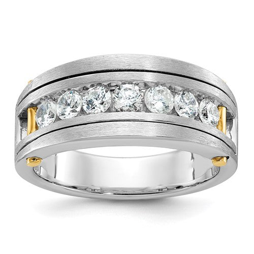 14k two-tone men's diamond ring with polished and satin finish, featuring seven sparkling diamonds from Solomon Jewelers.