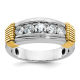 14k two-tone men's diamond ring featuring polished and textured five-stone design by Solomon Jewelers