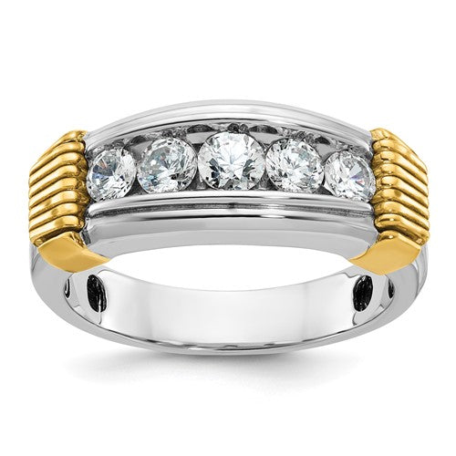 14k two-tone men's diamond ring featuring polished and textured five-stone design by Solomon Jewelers