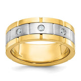 14k gold men's satin and grooved 3-stone AA diamond ring with polished finish, designed by Solomon Jewelers.